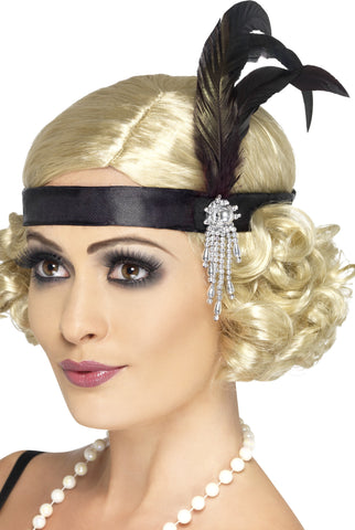 Black Charleston headband with feather